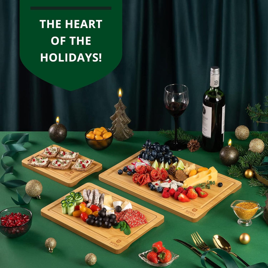 𝐋𝐮𝐱𝐮𝐫𝐲 Bamboo Cutting Board for Kitchen - Chopping Board w/Juice Groove & Easy Grip Handle - Organic Wooden Cutting Boards for Meat, Cheese, Fruits & Vegetables (Set of 3)